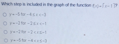 Which step is included in the graph of the function f(x)=[x-1] 7
y=-5 for -4≤ x
y=-2 for -2≤ x
y=-2 for -2
y=-5 for -4