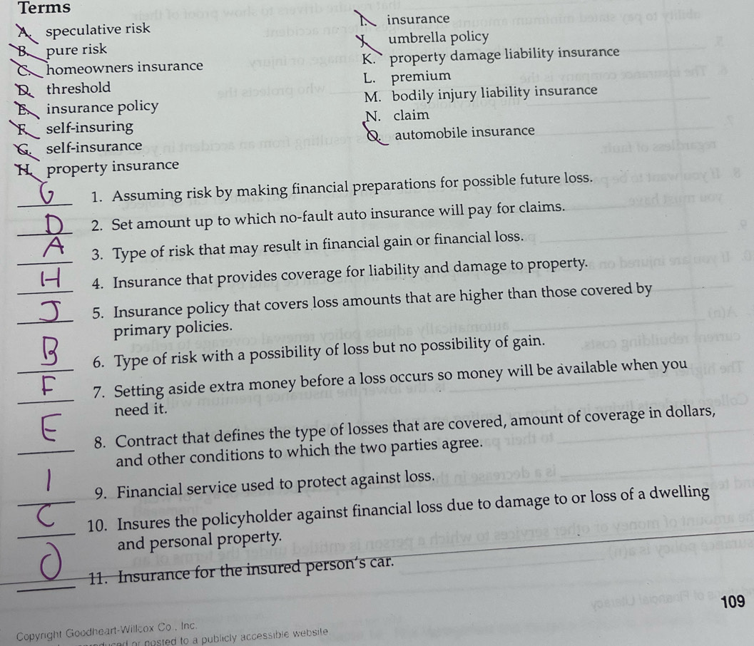 Terms
A speculative risk insurance
X
B. pure risk umbrella policy
C. homeowners insurance K.property damage liability insurance
D threshold L. premium
E insurance policy M. bodily injury liability insurance
F self-insuring N. claim
G self-insurance automobile insurance
H property insurance
_
1. Assuming risk by making financial preparations for possible future loss.
_
2. Set amount up to which no-fault auto insurance will pay for claims.
3. Type of risk that may result in financial gain or financial loss.
_4. Insurance that provides coverage for liability and damage to property.
_
_5. Insurance policy that covers loss amounts that are higher than those covered by
primary policies.
6. Type of risk with a possibility of loss but no possibility of gain.
_
_7. Setting aside extra money before a loss occurs so money will be available when you
need it.
8. Contract that defines the type of losses that are covered, amount of coverage in dollars,
_and other conditions to which the two parties agree.
9. Financial service used to protect against loss.
_
_10. Insures the policyholder against financial loss due to damage to or loss of a dwelling_
and personal property.
_
11. Insurance for the insured person’s car.
109
Copyright Goodheart-Willcox Co., Inc.
nd or nosted to a publicly accessible website.