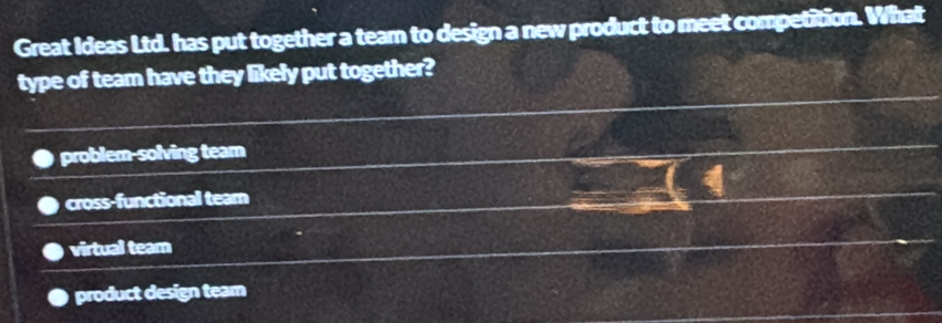 Great Ideas Ltd. has put together a team to design a new product to meet competition. What
type of team have they likely put together?
problem-solving team
cross-functional tear
virtual team
product design team