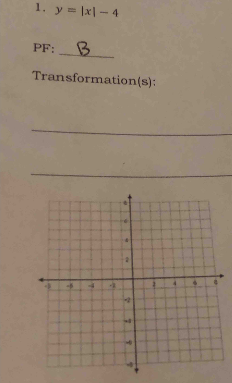 y=|x|-4
_ 
PF: 
Transformation(s): 
_ 
_