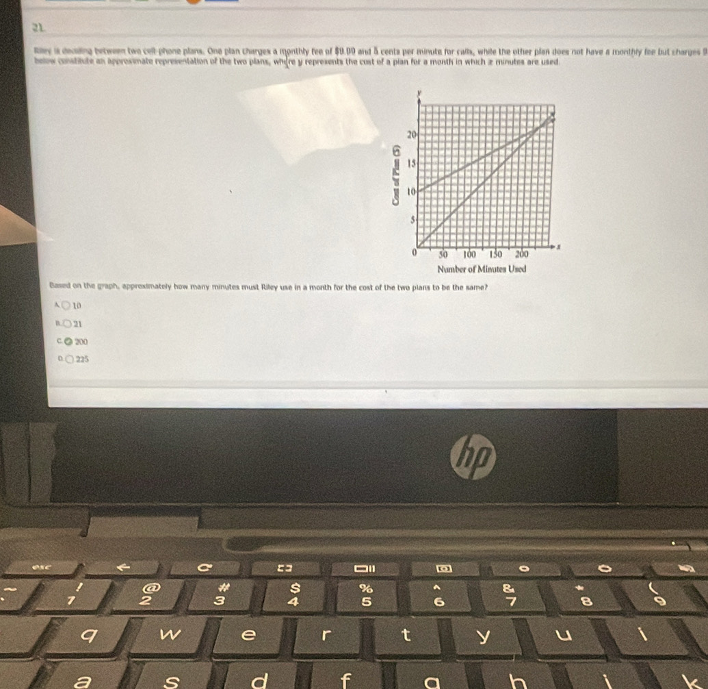 Riey is decding between two cell-phone plans. One plan charges a monthly fee of $9.99 and 5 cents per minute for calls, while the other plan does not have a monthly fee but charges 9
below constibute an approsimate representation of the two plans, where y represents the cost of a pian for a month in which z minutes are used
Number of Minutes Used
Based on the graph, approsimately how many minutes must Riley use in a month for the cost of the two plans to be the same?
A 10
21
200
225
esc ← a == . a 。 。
a # s % ^
7 2 3 4 5 6 8 9
q w e r t y u 
a 
s d f a h
