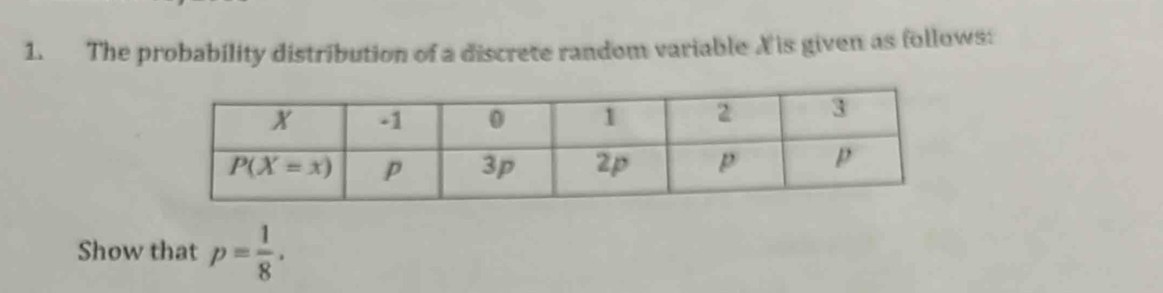 The probability distribution of a discrete random variable X is given as follows:
Show that p= 1/8 .