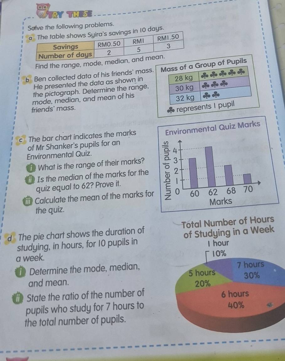 TRY THES 
Solve the following problems. 
ys. 
Find the range, mode, m 
b Ben collected data of his friends' mas 
He presented the data as shown in 
the pictograph. Determine the range, 
mode, median, and mean of his 
friends' mass. 
c The bar chart indicates the marks 
of Mr Shanker's pupils for an 
Environmental Quiz. 
i What is the range of their marks? 
i Is the median of the marks for the 
quiz equal to 62? Prove it. 
Calculate the mean of the marks fo 
the quiz. 
d The pie chart shows the duration of Total Number of Hours
studying, in hours, for 10 pupils in tudying in a Week
a week. 
i Determine the mode, median, 
and mean. 
i State the ratio of the number of 
pupils who study for 7 hours to 
the total number of pupils.