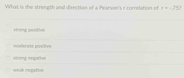 What is the strength and direction of a Pearson's r correlation of r=-.75
strong positive
moderate positive
strong negative
weak negative