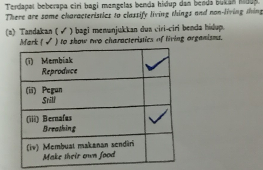 Terdapat beberapa ciri bagi mengelas benda hidup dan benda bukan hiddp. 
There are some characteristics to classify living things and non-living thing 
(a) Tandakan ( √ ) bagi menunjukkan dua ciri-ciri benda hidup. 
Mark ( √ ) to show two characteristics of living organisms.