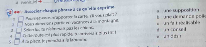 4 (venir, je)_
** Associez chaque phrase à ce qu'elle exprime.
a une supposition
1 Pourriez-vous m'apporter la carte, s'il vous plait ? bune demande polie
2 Nous aimerions partir en vacances à la montagne.
3 Selon lui, tu n'aimerais pas les chiens. c un fait réalisable
4 Cette route est plus rapide, tu arriverais plus tôt ! d un conseil
e un désir
5 À ta place, je prendrais le labrador.