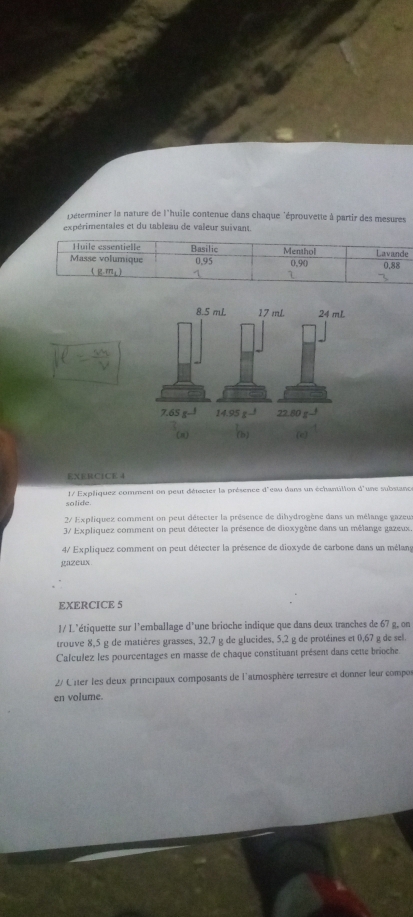 Déterminer la nature de l'huile contenue dans chaque "éprouvette à partir des mesures
expérimentales et du tableau de valeur suivant.
EXERC1CE 4
1/ Expliquez comment on peut détscier la présence d'eau dans un échantilion d'une substance
solide
2/ Expliquez comment on peut détecter la présence de dihydrogène dans un mélange gazeus
3/ Expliquez comment on peut détecter la présence de dioxygène dans un mélange gazeux.
4/ Expliquez comment on peut détecter la présence de dioxyde de carbone dans un mélans
gazeux
EXERCICE 5
!/ L'étiquette sur l'emballage d'une brioche indique que dans deux tranches de 67 g, on
trouve 8,5 g de matières grasses, 32,7 g de glucides, 5,2 g de protéines et 0,67 g de sel.
Calculez les pourcentages en masse de chaque constituant présent dans cette brioche.
2/ C'îter les deux principaux composants de l'atmosphère terrestre et donner leur compor
en volume.