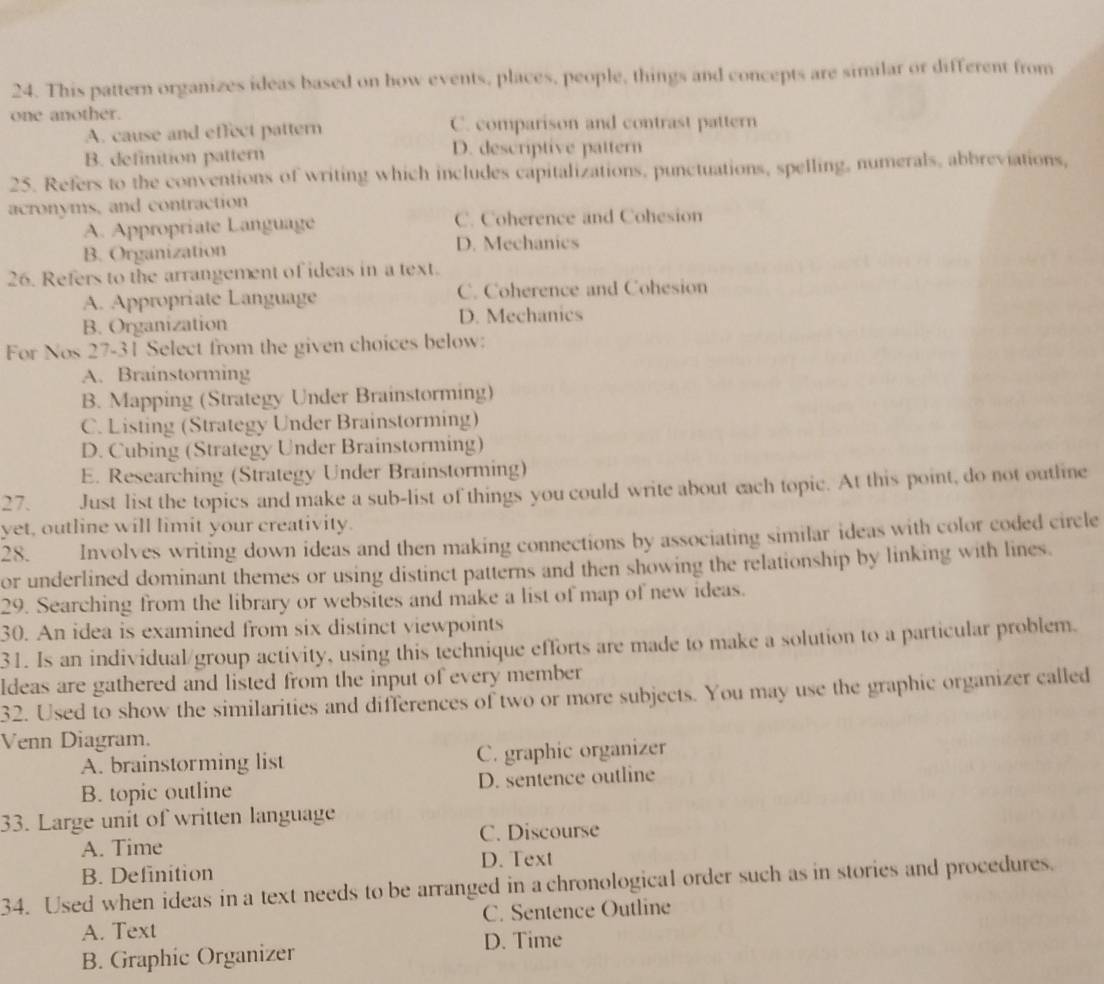 This pattern organizes ideas based on how events, places, people, things and concepts are similar or different from
one another.
A. cause and effect pattern C. comparison and contrast pattern
B. definition pattern D. descriptive pattern
25. Refers to the conventions of writing which includes capitalizations, punctuations, spelling, numerals, abbreviations,
acronyms, and contraction
A. Appropriate Language C. Coherence and Cohesion
B. Organization D. Mechanics
26. Refers to the arrangement of ideas in a text.
A. Appropriate Language C. Coherence and Cohesion
B. Organization D. Mechanics
For Nos 27-31 Select from the given choices below:
A. Brainstorming
B. Mapping (Strategy Under Brainstorming)
C. Listing (Strategy Under Brainstorming)
D. Cubing (Strategy Under Brainstorming)
E. Researching (Strategy Under Brainstorming)
27. 
Just list the topics and make a sub-list of things you could write about each topic. At this point, do not outline
yet, outline will limit your creativity.
28. Involves writing down ideas and then making connections by associating similar ideas with color coded circle
or underlined dominant themes or using distinct patterns and then showing the relationship by linking with lines.
29. Searching from the library or websites and make a list of map of new ideas.
30. An idea is examined from six distinct viewpoints
31. Is an individual/group activity, using this technique efforts are made to make a solution to a particular problem.
ldeas are gathered and listed from the input of every member
32. Used to show the similarities and differences of two or more subjects. You may use the graphic organizer called
Venn Diagram.
A. brainstorming list C. graphic organizer
B. topic outline D. sentence outline
33. Large unit of written language
A. Time C. Discourse
B. Definition D. Text
34. Used when ideas in a text needs to be arranged in a chronological order such as in stories and procedures.
A. Text C. Sentence Outline
D. Time
B. Graphic Organizer