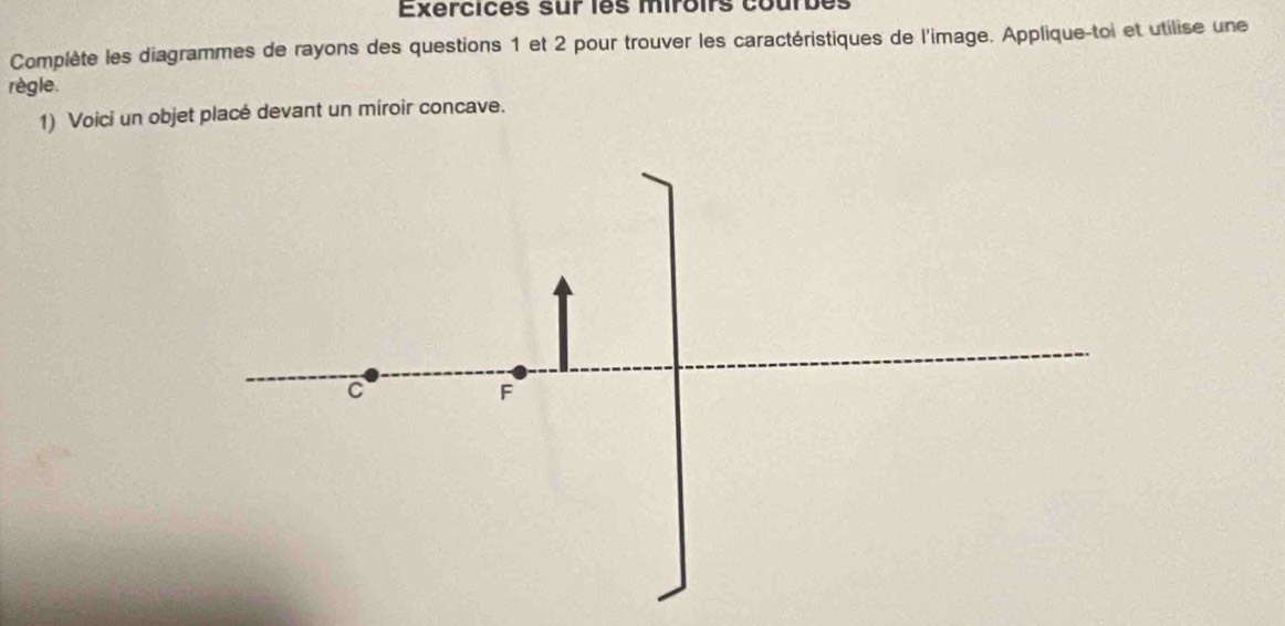 Exercices sur les miroifs courbe 
Complète les diagrammes de rayons des questions 1 et 2 pour trouver les caractéristiques de l'image. Applique-toi et utilise une 
règle. 
1) Voici un objet placé devant un miroir concave.