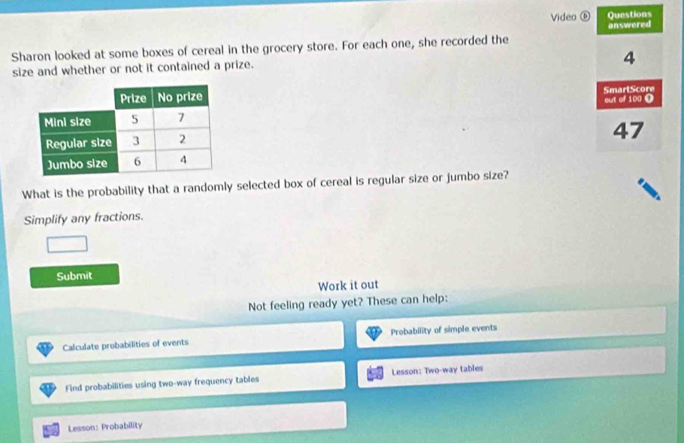 Video ⑥ Questions 
answered 
Sharon looked at some boxes of cereal in the grocery store. For each one, she recorded the 
size and whether or not it contained a prize.
4
SmartScore out of 100 ❶ 
47 
What is the probability that a randomly selected box of cereal is regular size or jumbo size? 
Simplify any fractions. 
Submit 
Work it out 
Not feeling ready yet? These can help: 
Calculate probabilities of events Probability of simple events 
Find probabilities using two-way frequency tables Lesson: Two-way tables 
Lesson: Probability