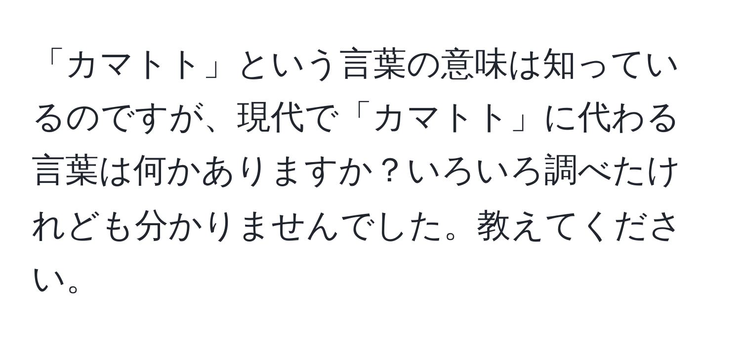 「カマトト」という言葉の意味は知っているのですが、現代で「カマトト」に代わる言葉は何かありますか？いろいろ調べたけれども分かりませんでした。教えてください。