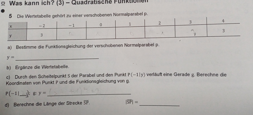 Was kann ich? (3) - Quadratische Funktionen 
iner verschobenen Normalparabel p. 
a) Bestimme die Funktionsgleichung der verschobenen Normalparabel p.
y= _ 
b) Ergänze die Wertetabelle. 
c) Durch den Scheitelpunkt S der Parabel und den Punkt P(-1|y) verläuft eine Gerade g. Berechne die 
Koordinaten von Punkt P und die Funktionsgleichung von g.
P(-1| _ ); g: y= _ 
d) Berechne die Länge der Strecke overline SP. 
_
|overline SP|=