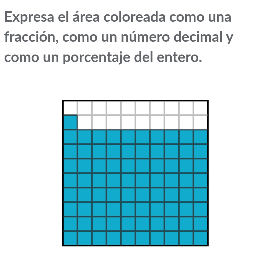 Expresa el área coloreada como una 
fracción, como un número decimal y 
como un porcentaje del entero.