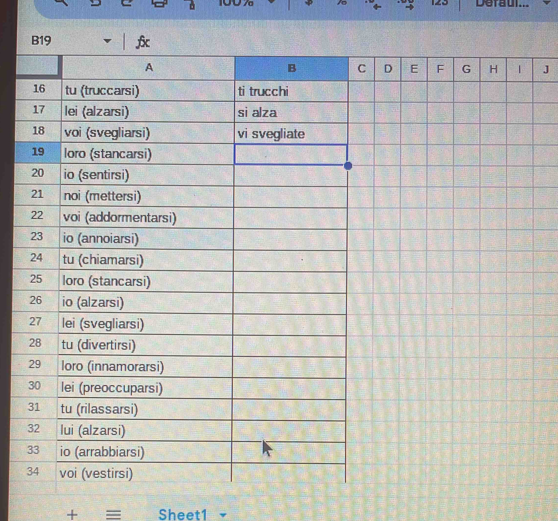 Deraul... 
a
B19
D E F G H | J
+ = Sheet1 -