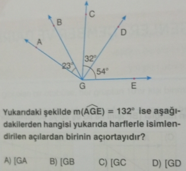 Yukarıdaki şekilde m(widehat AGE)=132° ise aşağı-
dakilerden hangisi yukarıda harflerle isimlen-
dirilen açılardan birinin açıortayıdır?
A) IGA B) [GB C) [GC D) |G| D