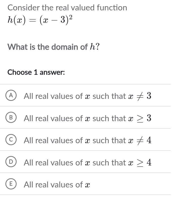 Consider the real valued function
h(x)=(x-3)^2
What is the domain of h?
Choose 1 answer:
All real values of x such that x!= 3
All real values of x such that x≥ 3
All real values of x such that x!= 4
All real values of x such that x≥ 4
All real values of x