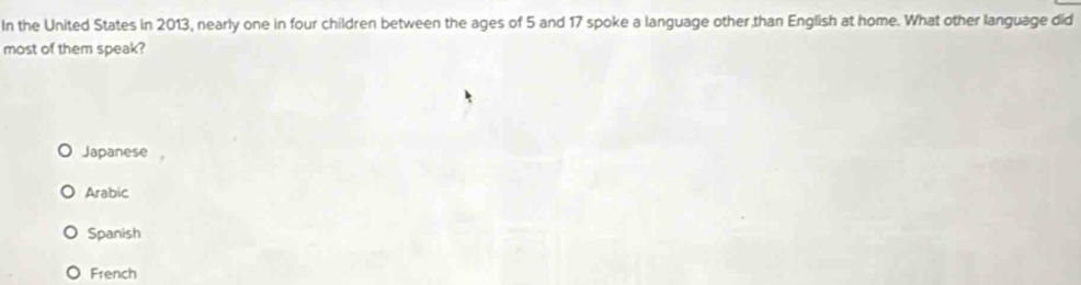 In the United States in 2013, nearly one in four children between the ages of 5 and 17 spoke a language other than English at home. What other language did
most of them speak?
Japanese
Arabic
Spanish
French