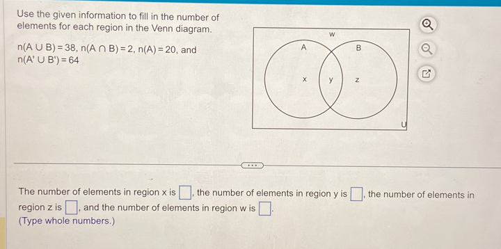 Use the given information to fill in the number of 
elements for each region in the Venn diagram.
n(A∪ B)=38, n(A∩ B)=2, n(A)=20 , and
n(A'∪ B')=64
The number of elements in region x is □ , the number of elements in region y is □ , the number of elements in 
region z is □ , and the number of elements in region w is □. 
(Type whole numbers.)