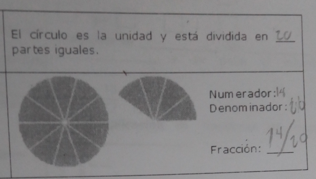 El círculo es la unidad y está dividida en_ 
partes iguales. 
Num erador: 
Denominador 
Fracción:_