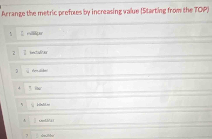 Arrange the metric prefxes by increasing value (Starting from the TOP) 
1 frac 23 milliliter
2 overline B hectoliter 
3  4/2  decaliter
4 _ 11 liter
5  □ /7  kiloliter
6 overline 3 centiliter
7 ≌ deciliter