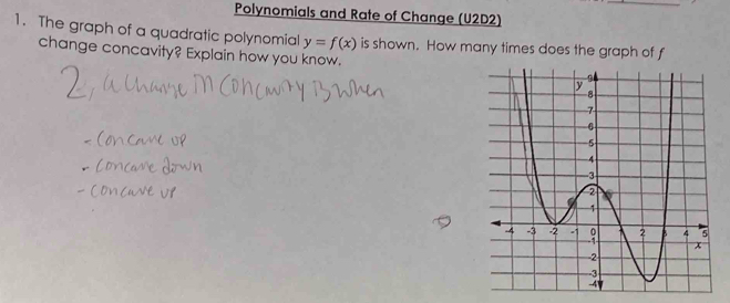 Polynomials and Rate of Change (U2D2) 
1. The graph of a quadratic polynomial y=f(x)
change concavity? Explain how you know. is shown. How many times does the graph of f