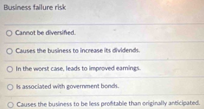 Business failure risk
Cannot be diversifed.
Causes the business to increase its dividends.
In the worst case, leads to improved earnings.
Is associated with government bonds.
Causes the business to be less proftable than originally anticipated.