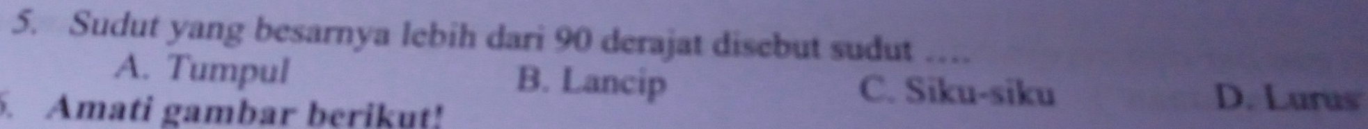 Sudut yang besarnya lebih dari 90 derajat disebut sudut …_
A. Tumpul B. Lancip C. Siku-siku
. Amati gambar berikut!
D. Lurus