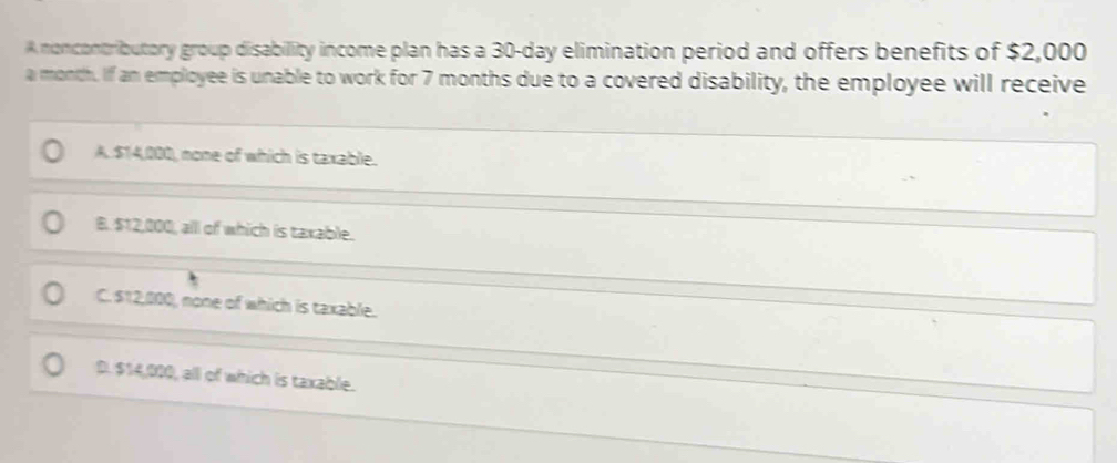 A noncontributory group disability income plan has a 30-day elimination period and offers benefits of $2,000
a month. If an employee is unable to work for 7 months due to a covered disability, the employee will receive
A. $14,000, mone of which is taxable.
B. $12,000, alll of which is taxable.
C. $12,000, none of which is taxable.
D. $14,000, all of which is taxable.