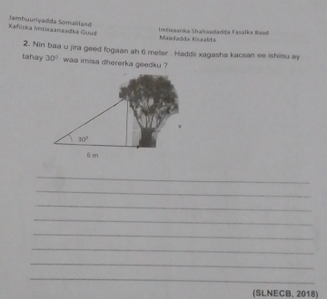 imtixaańka Shahaadadda Fasaïka Baad
Xafiiska Imtaanaadka Guud Jamhuuriyadda Samalilaná Maadadda Xsaabta
2. Nin baa u jira geed fogaan ah 6 meter . Haddii xagasha kacsan ee ishilsu ay
tahay 30° waa imisa dhererka geedku ?
_
_
_
_
_
_
_
_
(SLNECB, 2018)