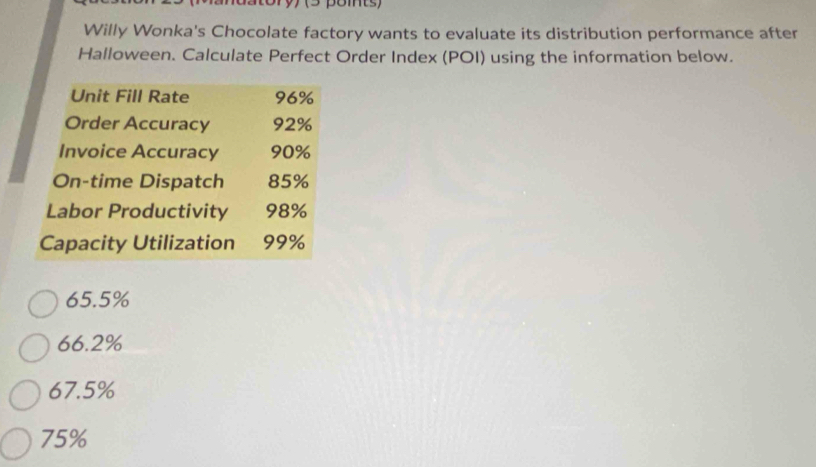 (³ poits)
Willy Wonka's Chocolate factory wants to evaluate its distribution performance after
Halloween. Calculate Perfect Order Index (POI) using the information below.
Unit Fill Rate 96%
Order Accuracy 92%
Invoice Accuracy 90%
On-time Dispatch 85%
Labor Productivity 98%
Capacity Utilization 99%
65.5%
66.2%
67.5%
75%