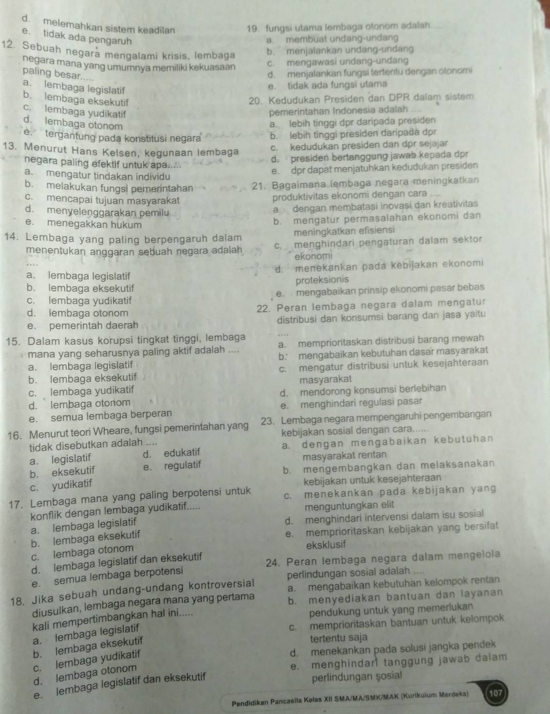 d. melemahkan sistem keadilan 19. fungsi utama lembaga otonom adalah
e. tidak ada pengaruh
a. membuat undang-undang
12. Sebuah negara mengalami krisis, lembaga b. menjalankan undang-undang
negara mana yang umumnya memiliki kekuasaan
c. mengawasi undang-undang
paling besar.....
d. menjalankan fungsi tertentu dengan otonomi
a. lembaga legislatif
e. tidak ada fungsi utama
b. lembaga eksekutif 20. Kedudukan Presiden dan DPR dalam sistem
c. lembaga yudikatif pemerintahan Indonesia adalah
d. lembaga otonom
a. lebih tinggi dpr daripada presiden
e.  tergantung pada konstitusi negara
b. lebih tinggi presiden daripada dpr
13. Menurut Hans Kelsen, kegunaan lembaga c. kedudukan presiden dan dpr sejajar
negara paling efektif untuk apa.....
d. presiden bertanggung jawab kepada dpr
a.mengatur tindakan individu
e. dpr dapat menjatuhkan kedudukan presiden
b. melakukan fungsi pemerintahan
21. Bagaimana lembaga negara meningkatkan
c. mencapai tujuan masyarakat
produktivitas ekonomi dengan cara ....
d. menyelenggarakan pemilu
a. dengan membatasi inovasi dan kreativitas
e. menegakkan hukum
b. mengatur permasalahan ekonomi dan
14. Lembaga yang paling berpengaruh dalam meningkatkan efisiensi
menentukan anggaran sebuah negara adalah c. menghindari pengaturan dalam sektor
ekonomi
a. lembaga legislatif d. menekankan pada kebijakan ekonomi
b. lembaga eksekutif proteksionis
c. lembaga yudikatif e.  mengabaikan prinsip ekonomi pasar bebas
d. lembaga otonom 22. Peran lembaga negara dalam mengatur
e. pemerintah daerah distribusi dan konsumsi barang dan jasa yaitu
15. Dalam kasus korupsi tingkat tinggi, lembaga a. memprioritaskan distribusi barang mewah
mana yang seharusnya paling aktif adalah .... b.: mengabaikan kebutuhan dasar masyarakat
a. lembaga legislatif
b. lembaga eksekutif c. mengatur distribusi untuk kesejahteraan
c. lembaga yudikatif masyarakat
d. lembaga otonom d. mendorong konsumsi berlebihan
e. semua lembaga berperan e. menghindari regulasi pasar
16. Menurut teori Wheare, fungsi pemerintahan yang 23. Lembaga negara mempengaruhi pengembangan
kebijakan sosial dengan cara......
tidak disebutkan adalah ....
a. legislatif d. edukatif a. dengan mengabaikan kebutuhan
b. eksekutif e. regulatif masyarakat rentan
b. mengembangkan dan melaksanakan
c. yudikatif
kebijakan untuk kesejahteraan
17. Lembaga mana yang paling berpotensi untuk c. menekankan pada kebijakan yang
konflik dengan lembaga yudikatif..... menguntungkan elit
a. lembaga legislatif d. menghindari intervensi dalam isu sosial
b. lembaga eksekutif e. memprioritaskan kebijakan yang bersifat
c. lembaga otonom eksklusif
d. lembaga legislatif dan eksekutif
24. Peran Iembaga negara dalam mengelola
e. semua lembaga berpotensi
a. mengabaikan kebutuhan kelompok rentan
18. Jika sebuah undang-undang kontroversial perlindungan sosial adalah ....
diusulkan, lembaga negara mana yang pertama b. menyediakan bantuan dan layanan
kali mempertimbangkan hal ini..... pendukung untuk yang memeriukan
a. lembaga legislatif
c. memprioritaskan bantuan untuk kelompok
b. lembaga eksekutif
tertentu saja
d. menekankan pada solusi jangka pendek
c. lembaga yudikatif
e. menghindar tanggung jawab dalam
d. lembaga otonom
e. lembaga legislatif dan eksekutif
perlindungan şosial
Pendidikan Pancasila Kelas XII SMA/MA/SMK/MAK (Kurikuium Merdeka) 107