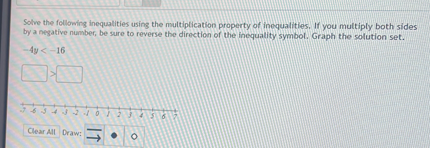 Solve the following inequalities using the multiplication property of inequalities. If you multiply both sides 
by a negative number, be sure to reverse the direction of the inequality symbol. Graph the solution set.
-4y
□ >□
Clear All Draw: