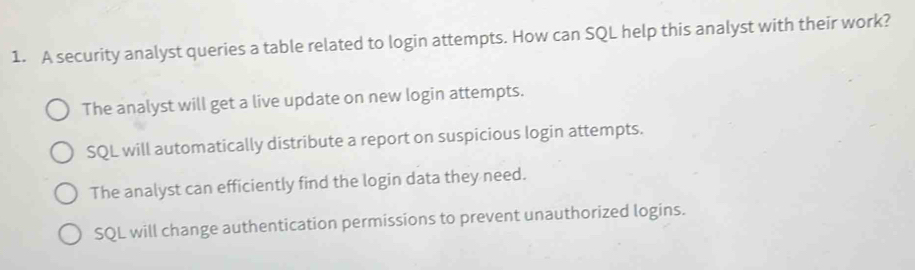 Solved: A security analyst queries a table related to login attempts ...