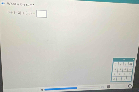 ❸ What is the sum?
8+(-3)+(-8)=□. ×
7 8 9 C
4 5 6
1 2 3.
0 (-)