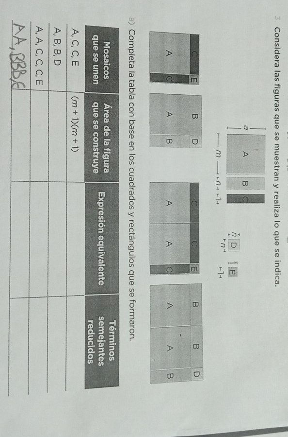 Considera las figuras que se muestran y realiza lo que se indica.
a A B C
n D E
m )- ∩ -
C E B D
A C A B 
a) Completa la tabla con base en los cuadrados y rectángulos que se formaron.