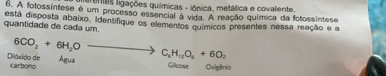 iefentes ligações químicas - iônica, metálica e covalente. 
6. A fotossíntese é um processo essencial à vida. A reação química da fotossíntese 
está disposta abaixo. Identifique os elementos químicos presentes nessa reação e a 
quantidade de cada um.
6CO_2+6H_2O
C_6H_12O_6+6O_2
Dióxido de Água Glicose Oxigênio 
carbono