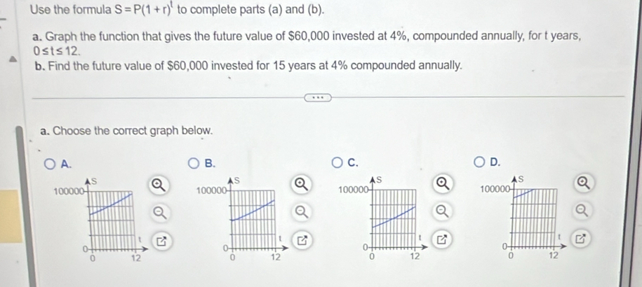 Use the formula S=P(1+r)^t to complete parts (a) and (b). 
a. Graph the function that gives the future value of $60,000 invested at 4%, compounded annually, for t years,
0≤ t≤ 12. 
b. Find the future value of $60,000 invested for 15 years at 4% compounded annually. 
a. Choose the correct graph below. 
A. 
B. 
C. 
D.