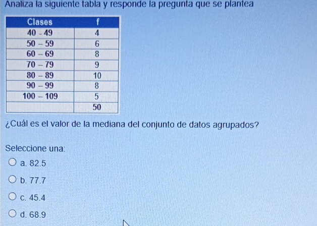 Analiza la siguiente tabla y responde la pregunta que se plantea
¿Cuál es el valor de la mediana del conjunto de datos agrupados?
Seleccione una:
a. 82.5
b. 77.7
c. 45.4
d. 68.9