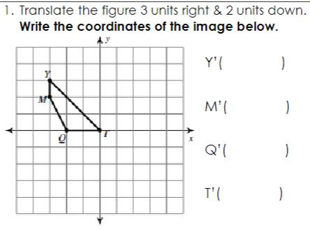 Translate the figure 3 units right & 2 units down.
Write the coordinates of the image below.

)
)
□