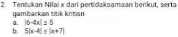 Tentukan Nilai x dari pertidaksamaan berikut, serta 
gambarkan titik kritisn 
a |6-4x|≤ 5
b. 5|x-4|≤ |x+7|