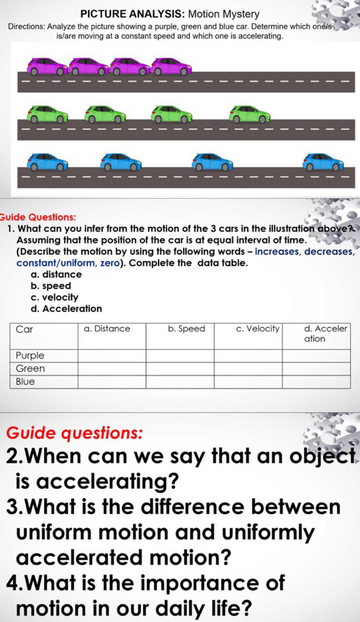 PICTURE ANALYSIS: Motion Mystery 
Directions: Analyze the picture showing a purple, green and blue car. Determine which one/s 
is/are moving at a constant speed and which one is accelerating. 
Guide Questions: 
1. What can you infer from the motion of the 3 cars in the illustration above? 
Assuming that the position of the car is at equal interval of time. 
(Describe the motion by using the following words - increases, decreases, 
constant/uniform, zero). Complete the data table. 
a. distance 
b. speed 
c. velocity 
d. Acceleration 
Guide questions: 
2.When can we say that an object 
is accelerating? 
3.What is the difference between 
uniform motion and uniformly 
accelerated motion? 
4.What is the importance of 
motion in our daily life?