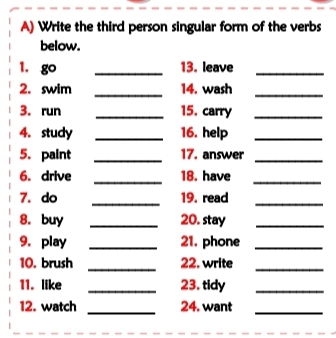 Write the third person singular form of the verbs 
below. 
1. go _13. leave_ 
_ 
2. swim 14. wash_ 
3. run _15. carry_ 
4. study _16. help_ 
5. paint _17. answer_ 
_ 
6. drive 18. have 
_ 
_ 
7. do 19. read 
_ 
8. buy _20. stay_ 
9. play _21. phone_ 
_ 
10. brush 22. write 
_ 
11. like _23. tidy_ 
_ 
12. watch 24. want 
_