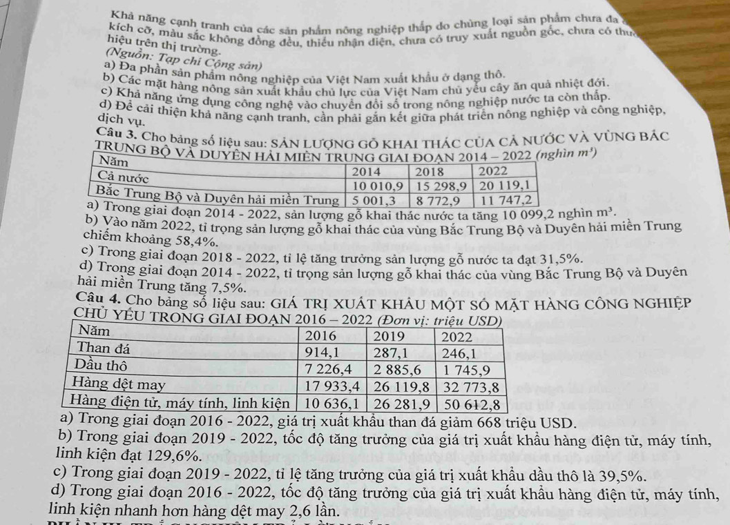 Khả năng cạnh tranh của các sản phẩm nông nghiệp thắp do chủng loại sản phẩm chưa đa
kích cỡ, màu sắc không đồng đều, thiếu nhận diện, chưa có truy xuất nguồn gốc, chưa có thua
hiệu trên thị trường.
(Nguồn: Tạp chi Cộng sản)
a) Đa phần sản phẩm nông nghiệp của Việt Nam xuất khẩu ở dạng thô.
b) Các mặt hàng nông sản xuất khẩu chủ lực của Việt Nam chủ yếu cây ăn quả nhiệt đới.
c) Khả năng ứng dụng công nghệ vào chuyển đổi số trong nông nghiệp nước ta còn thắp
d) Để cải thiện khả năng cạnh tranh, cần phải gắn kết giữa phát triển nông nghiệp và công nghiệp,
dịch vụ.
Câu 3. Cho bảng số liệu sau: SẢN LƯƠNG Gỗ KHAI THÁC CÚA CẢ NƯỚC VÀ VÚNG BÁC
TRUNG Bộ V m^3)
ai đoạn 2014 - 2022, sản lượng gỗ khai thác nước ta tăng 10 099,2 nghìn m^3.
b) Vào năm 2022, tỉ trọng sản lượng gỗ khai thác của vùng Bắc Trung Bộ và Duyên hải miền Trung
chiếm khoảng 58,4%.
c) Trong giai đoạn 2018 - 2022, tỉ lệ tăng trưởng sản lượng gỗ nước ta đạt 31,5%.
d) Trong giai đoạn 2014 - 2022, tỉ trọng sản lượng gỗ khai thác của vùng Bắc Trung Bộ và Duyên
hải miền Trung tăng 7,5%.
Câu 4. Cho bảng số liệu sau: GIÁ TRỊ XUÁT KHÁU MộT SÓ MặT HÀNG CÔNG NGHIỆP
CHÜ YÊU TRONG GIAI ĐOẠN
a) Trong giai đoạn 2016 - 2022, giá trị xuất khẩu than đá giảm 668 triệu USD.
b) Trong giai đoạn 2019 - 2022, tốc độ tăng trưởng của giá trị xuất khẩu hàng điện tử, máy tính,
linh kiện đạt 129,6%.
c) Trong giai đoạn 2019 - 2022, tỉ lệ tăng trưởng của giá trị xuất khẩu dầu thô là 39,5%.
d) Trong giai đoạn 2016 - 2022, tốc độ tăng trưởng của giá trị xuất khẩu hàng điện tử, máy tính,
linh kiện nhanh hơn hàng dệt may 2,6 lần.