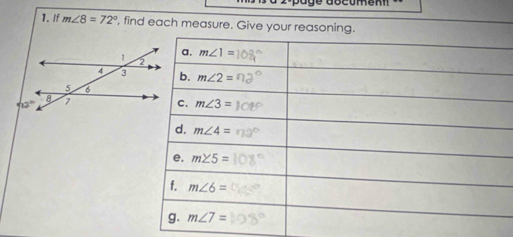 2-page dscument
1. If m∠ 8=72° , find each m