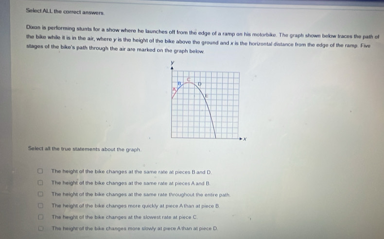 Select ALL the correct answers.
Dixon is performing stunts for a show where he launches off from the edge of a ramp on his motorbike. The graph shown below traces the path of
the bike while it is in the air, where y is the height of the bike above the ground and x is the horizontal distance from the edge of the ramp. Five
stages of the bike's path through the air are marked on the graph below.
Select all the true statements about the graph.
The height of the bike changes at the same rate at pieces B and D.
The height of the bike changes at the same rate at pieces A and B.
The height of the bike changes at the same rate throughout the entire path
The height of the bike changes more quickly at piece Athan at piece B
The height of the bike changes at the slowest rate at piece C.
The height of the bike changes more slowly at piece Athan at piece D