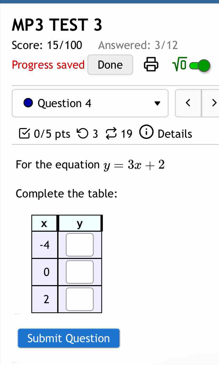 MP3 TEST 3 
Score: 15/100 Answered: 3/12 
Progress saved Done sqrt(0) 
Question 4 < > 
、 0/5 pts つ3 19 Details 
For the equation y=3x+2
Complete the table: 
Submit Question