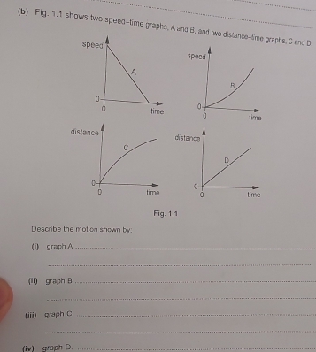 Fig. 1.1 shows two speed-time graphs. A and B, and two distance-time phs, C and D. 
Fig. 1.1 
Describe the motion shown by: 
(i) graph A_ 
_ 
(ii) graph B_ 
_ 
(iii) graph C_ 
_ 
(iv) graph D_