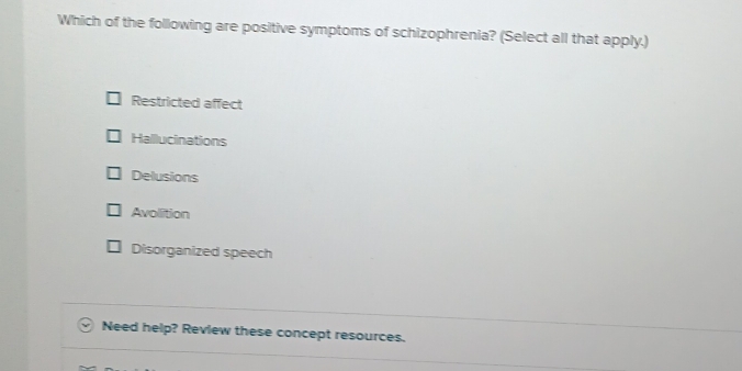 Which of the following are positive symptoms of schizophrenia? (Select all that apply.)
Restricted affect
Hallucinations
Delusions
Avolition
Disorganized speech
Need help? Review these concept resources.