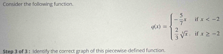 Consider the following function.
q(x)=beginarrayl - 5/7 xifx
Step 3 of 3 : Identify the correct graph of this piecewise-defined function.