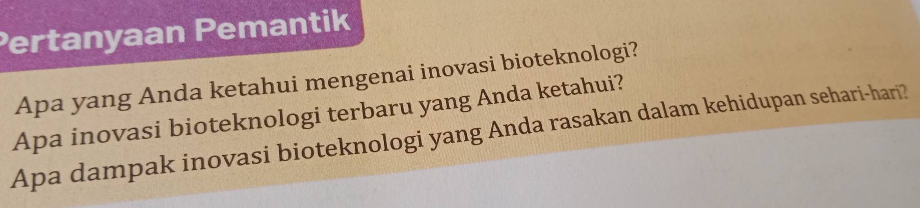 Pertanyaan Pemantik 
Apa yang Anda ketahui mengenai inovasi bioteknologi? 
Apa inovasi bioteknologi terbaru yang Anda ketahui? 
Apa dampak inovasi bioteknologi yang Anda rasakan dalam kehidupan sehari-hari?